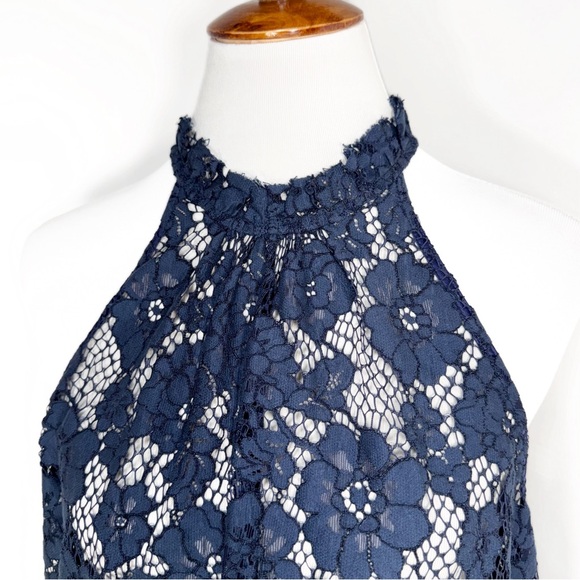 SOLD-Free People Navy Blue Halter High Neck Sleeveless Floral Mesh Crochet Lace - Picture 4 of 12